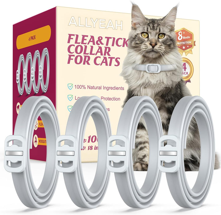 Natural Flea and Tick Collar for Cats – 4 Pack, 8 Months Long-Lasting Protection, Waterproof, Adjustable Size for Kittens and Adult Cats