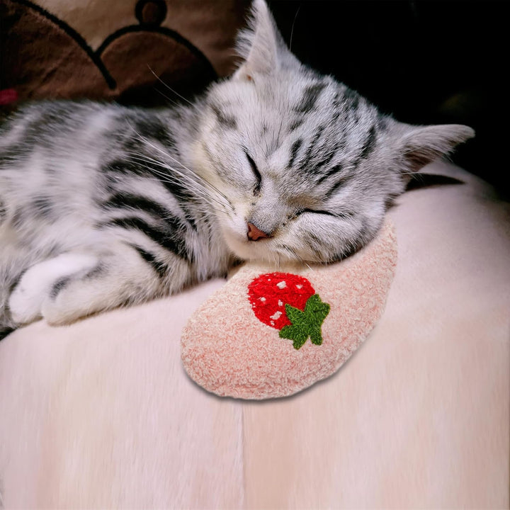 Cat Calming Pillow for Indoor Pets - Soft Fluffy Cat & Dog Bed - Anxiety Relief with Cute Embroidery Pattern (Pink, Strawberry)