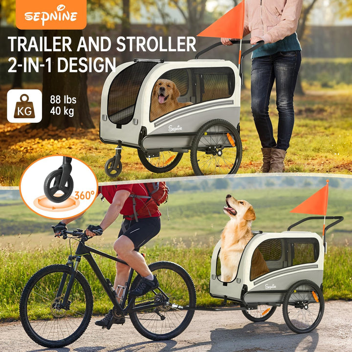 Dog Bike Trailer, Supports up to 88 Lbs, 2-In-1 Pet Stroller Cart Bicycle Carrier, Easy Folding Cart Frame with Quick Release Wheels, Universal Bicycle Coupler, Non-Slip Floor, Internal Leash