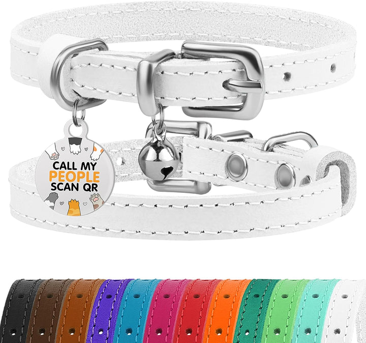 Leather Cat Collar with Removable Bells Non Breakaway Kitten QR Tag for Girl Boy (7" - 9" for Cats, Black & Gold)