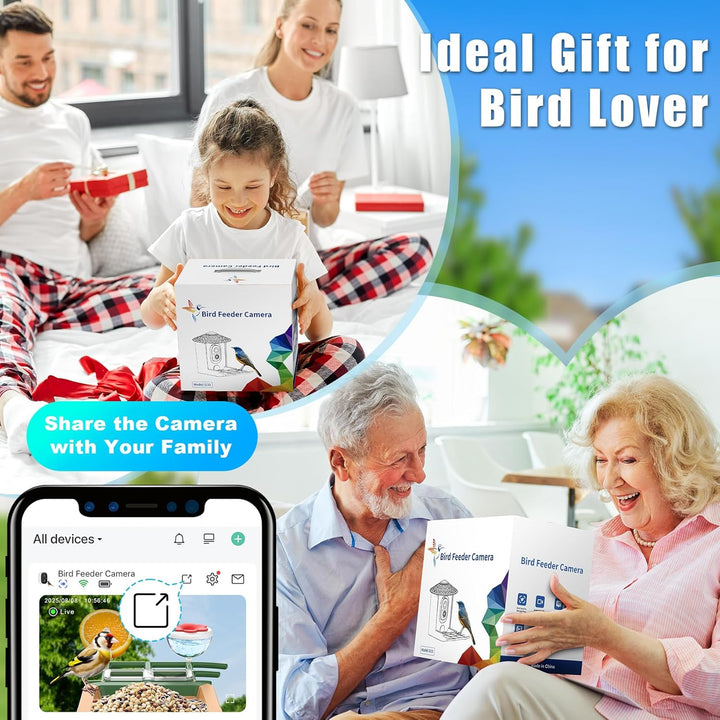 Smart Bird Feeder with Camera with AI Identify Birds Species & Solar Panel, Wifi Birdfeeder with Cam, 2K Live View, Chew-Proof & Waterproof Design, Real-Time App Alerts, Gift for Bird Lovers, Green