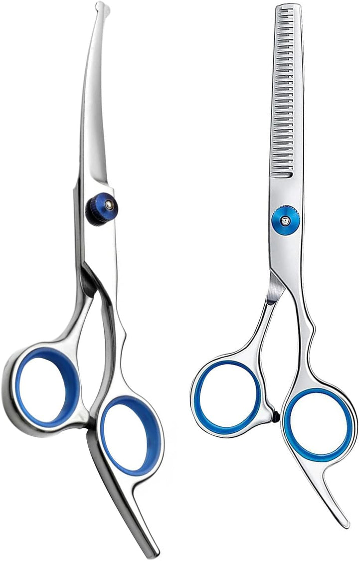 Dog Grooming Scissors with Safety round Tips, Heavy Duty Titanium Pet Grooming Trimmer Kit, Professional Thinning Shears, Curved Scissors with Comb for Dogs and Cats (Set of 3)