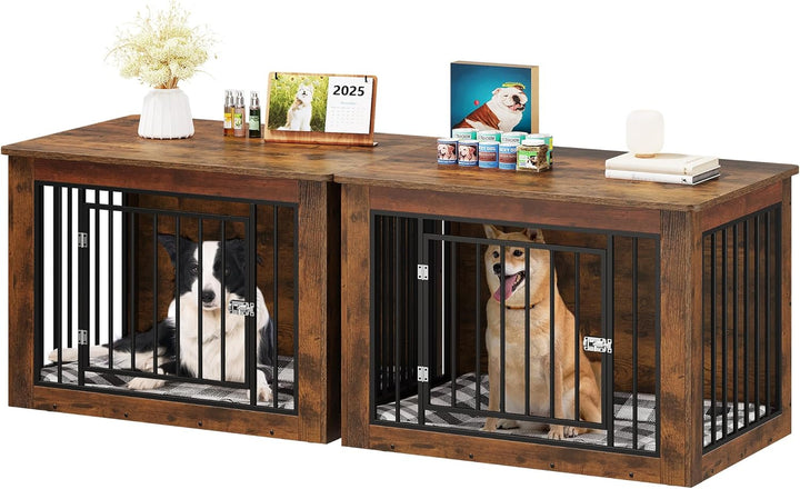 Dog Crate Furniture for Medium Dogs, Side End Table, Modern Dogs Kennel Indoor up to 35 Lb, 2-In-1 Iron-Wood Fusion Dog Cage with Waterproof Top, Safety Corners,Steel Lock,30" L,Greige