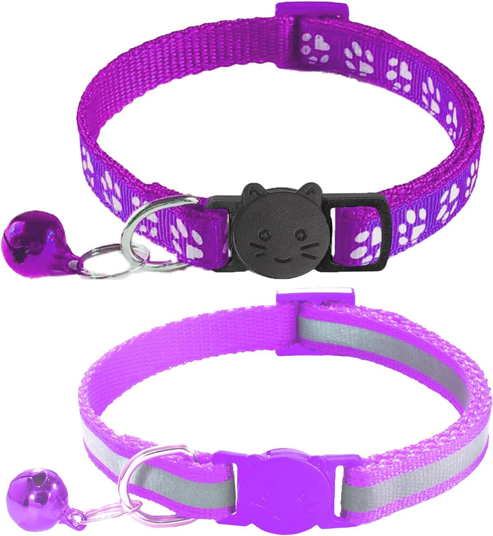 2 Pack Breakaway Cat Collars with Bells, Reflective Design and Claw Print Design, Safety Buckle Kitten Collars Adjustable from 7.5 to 12.5 Inches (Black)
