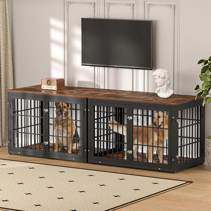 48 Inch Rustic Heavy Duty Dog Crate Furniture for Extra Large Dogs, Decorative Pet House End Table, Wooden Cage Kennel Furniture Indoor, Black and Brown