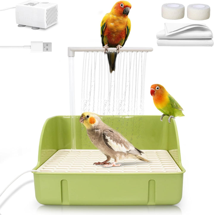 Automatic Parakeet Bird Bath with Pump, Large Bird Shower Fountain Indoor Bathtub with Running Water, Parrot Bath Tub Faucet for Pet Birds, African Grey, Cockatiel, Conure, Budgie, Lovebird (White)