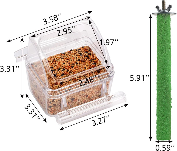 2 Pack Clear Water Bowl and Food Container - Bird Cage Feeder with Perch for Parakeets - No Mess Design