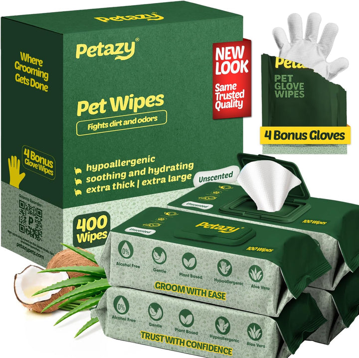 400 Dog Wipes for Paws and Butt Ears Eyes | Organic Pet Wipes for Dogs | Lavender Scented Dog Wipes Cleaning Deodorizing | Extra Thick Paw Wipes for Dogs Cats Pets | Bonus Glove Wipes Included