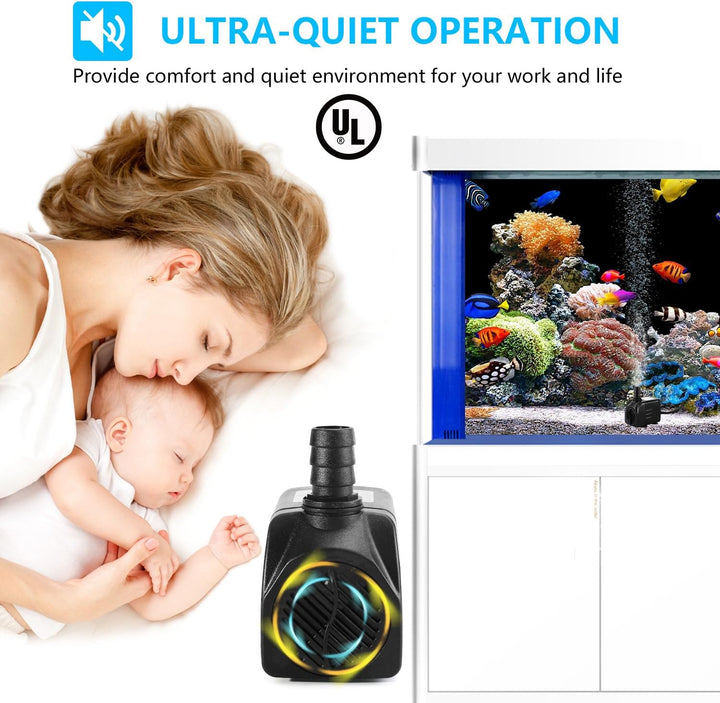 Fountain Pump, 400GPH Submersible , Durable 25W Outdoor Water Pump with 6.5Ft Power Cord, 3 Nozzles for Aquarium, Pond, Fish Tank, Water Pump Hydroponics, Backyard Fountain