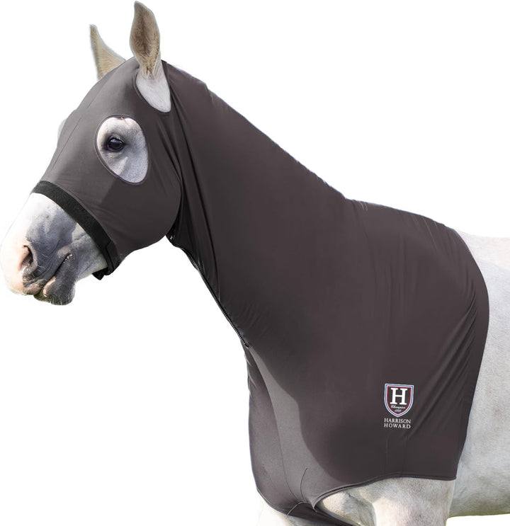 Horse Stretch Hood without Ears Snug Fitting Hood with Zip Closure Covers Face, Shoulders, Mane, Chest and Withers Perfect for Show/Event Preparation - Blue