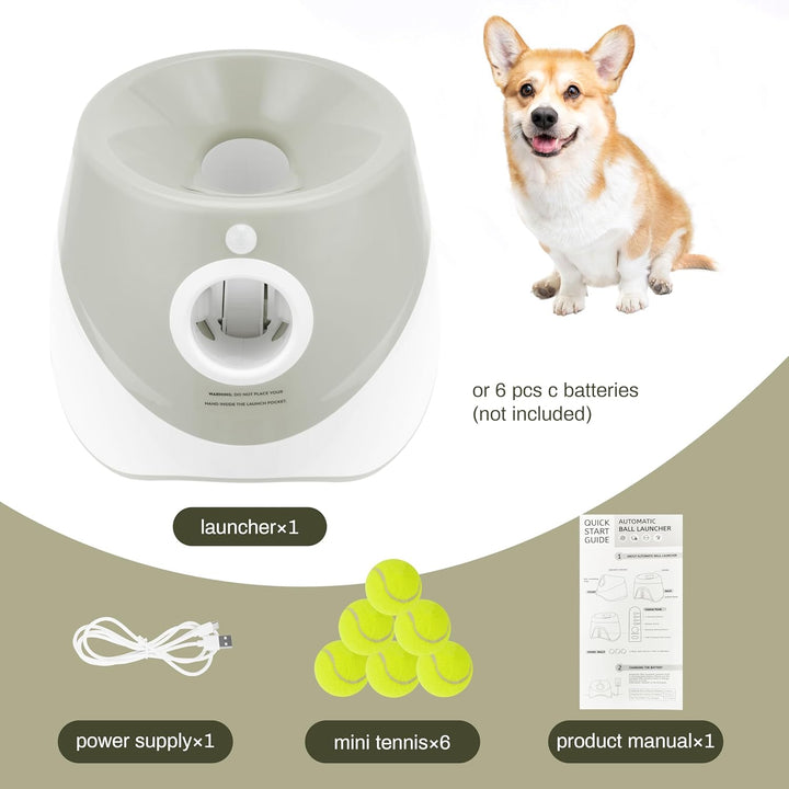 Dog Ball Thrower Launcher, Indoor/Outdoor Automatic Ball Launcher for Small and Medium-Sized Dogs, Includes 6 Mini Tennis Balls and a Data Line, Grey