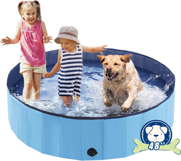 Foldable Dog Pool, Portable Pet Bath Tub and Kiddie Swimming Pool, Collapsible Bathtub for Puppies, Small, Medium and Large Dogs, Cats and Kids, 32 X 8 In, Blue