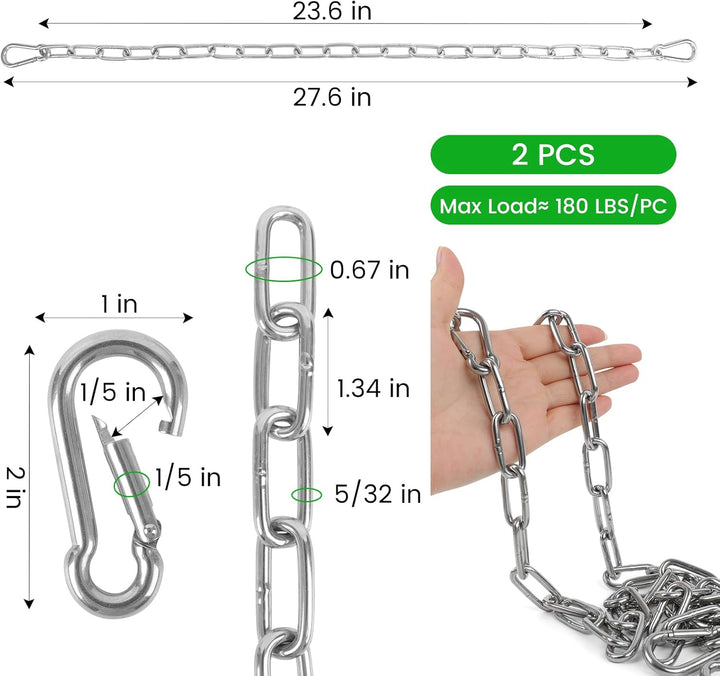 2 Pack Outdoor Gate Chain Lock with 4 Carabiners, Adjustable 5/32 X 28 Inch Security Gate Latch Chain, One Handed Operate Gate Chain for Fence Garden Yard Farm Barn, Silver