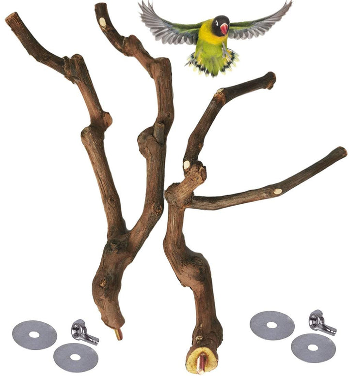 Natural Parrot Perch Bird Stand Pole Wild Grape Stick Paw Grinding Fork Parakeet Climbing Standing Branches Toy Chewable Cage Accessories for Small Budgies Cockatiels Lovebirds 3PCS
