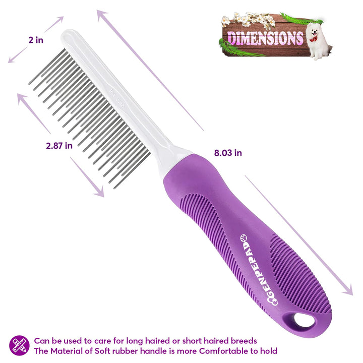 Grooming Comb for Dogs and Cats with Matted Hair, Detangling Pet Comb with Long and Short Stainless Steel Metal Fine Teeth for Removing Mats, Tangles, Knots & Loose Fur from the Undercoat