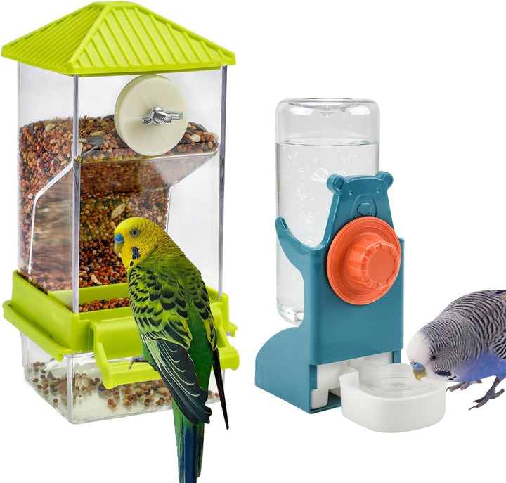 No Mess Bird Water Feeder Dispenser Set Automatic Bird Feeder Transparent Food Container Cage Acrylic Parrot Feeders Accessories for Small Birds Parrot Cockatoo Canary