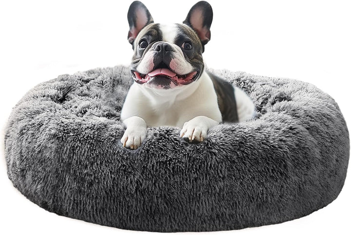 Small Dog & Cat Beds for Indoor Cats, Donut Cuddler Warming Soft Dog Beds with Anti-Slip Bottom, round Calming Fluffy Plush Faux Fur Cushion Bed for Small Medium Dogs (20", Smoke Grey)