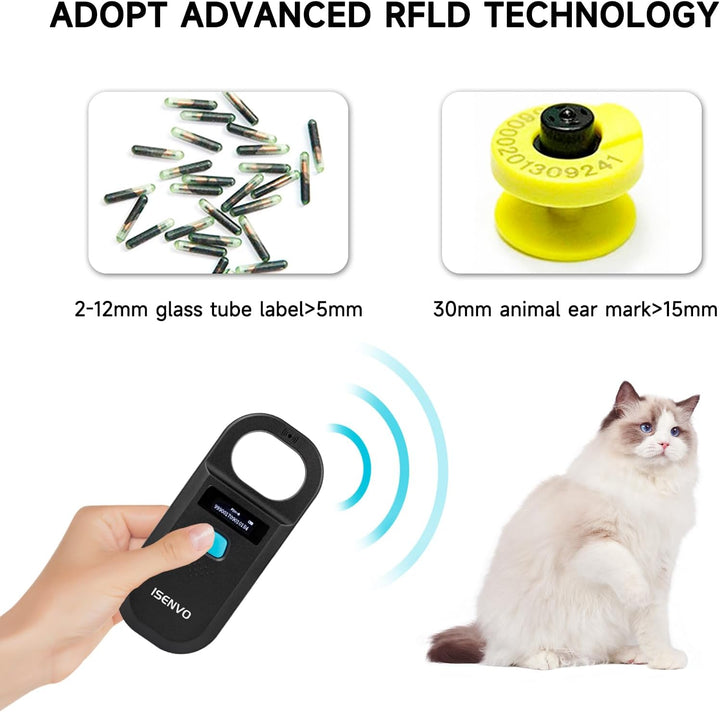 Pet Microchip Scanner Rechargeable RFID EMID Micro Chip Reader Scanner 134.2Khz 125Khz 15 Digits Pet Chip ID Scanner for Animal/Pets/Pigs/Dogs/Cats (190A)