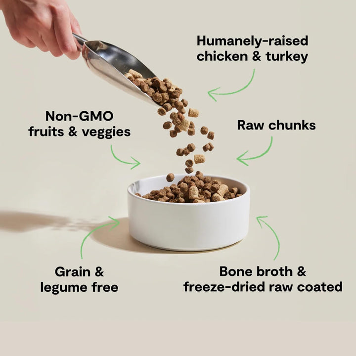 , Rawmix Dry Cat Food, Protein-Packed Kibble Coated in Bone Broth with Freeze Dried Raw Chunks, for Indoor & Outdoor Cats, Chicken & Turkey Grain-Free Recipe, 8Lb Bag