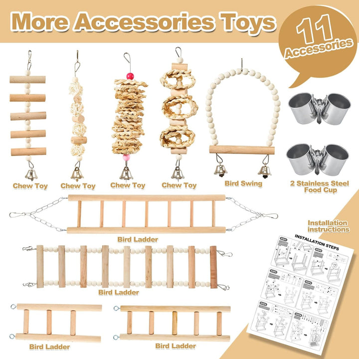 Bird Playground - Natural Wood Parrot Playstand with Perches, Bird Play Gym & Accessories, Removable Tray & 4 Stainless Steel Cups