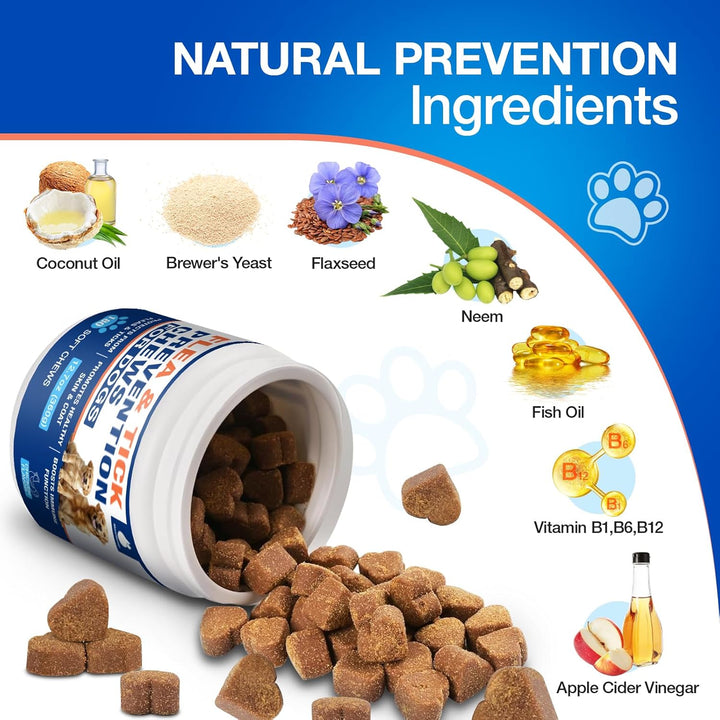 Flea and Tick Prevention for Dogs Chewables, Natural Dog Flea and Tick Treatment, Oral Flea Pills for Dogs Puppy, Skin & Coat Support Supplement - 180 Soft Treat (Chicken Flavor)