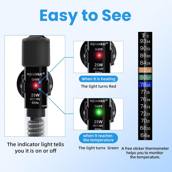 Aquarium Heater, 25W Small Betta Fish Tank Heater, Mini Preset Water Thermostat with a Thermometer