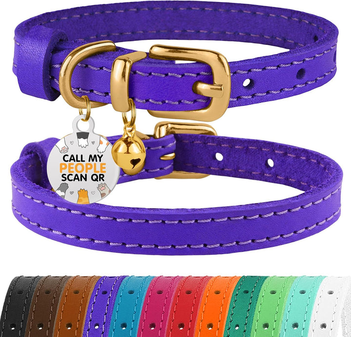 Leather Cat Collar with Removable Bells Non Breakaway Kitten QR Tag for Girl Boy (7" - 9" for Cats, Black & Gold)