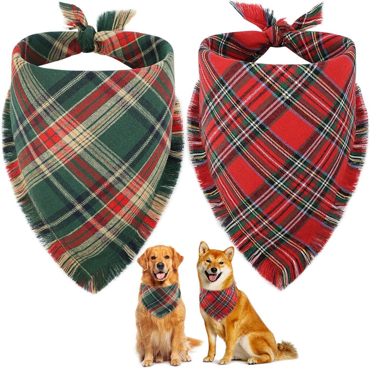 Halloween Dog Bandana, 2 Pack Fall Thanksgiving Classic Plaid Dog Scarf with Tassels Edges, Funny Pet Apparel & Accessories Costume for Photo Prop, and Party Decor (Large, Yellow&Orange)