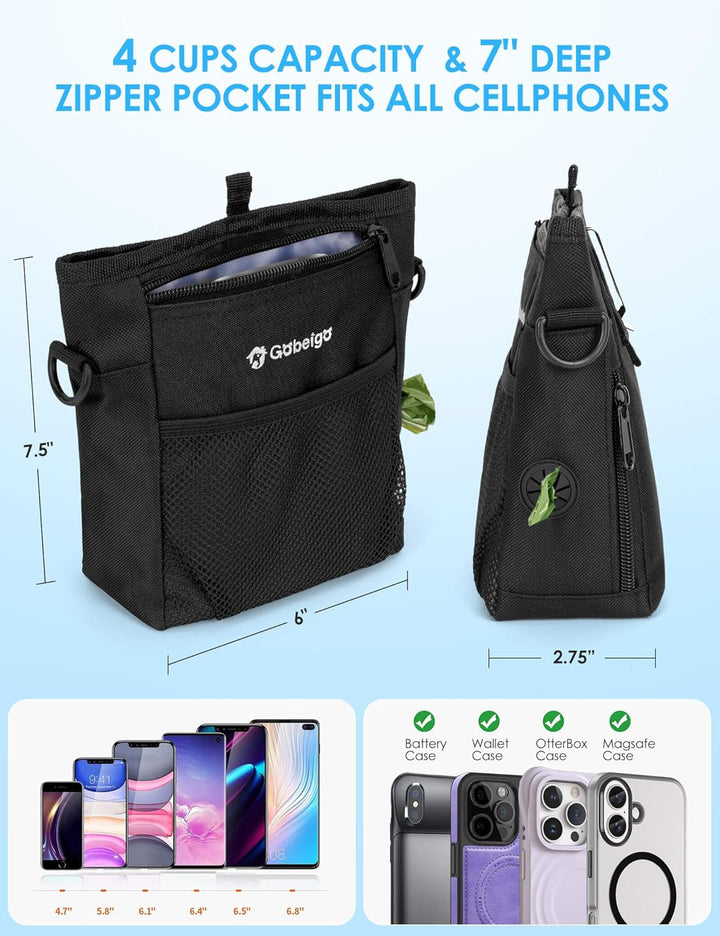 Dog Treat Pouch with Silicone Liner, 【4 Cup】【3 Ways to Wear 】 Treat Bag with Training Clicker, Front Pocket Fits All Phones, Upgrade Stronger Magnetic Closure Walking Fanny Pack (Black)