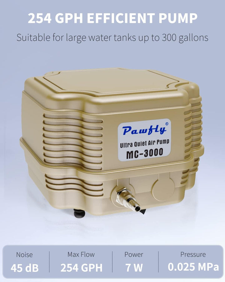 254 GPH Aquarium Air Pump Adjustable Quiet Oxygen Aerator Pump with Multi-Port Air Flow Control Lever Valve Splitter and Airline Tubing for Fish Tanks Ponds and DWC Systems up to 300 Gallons