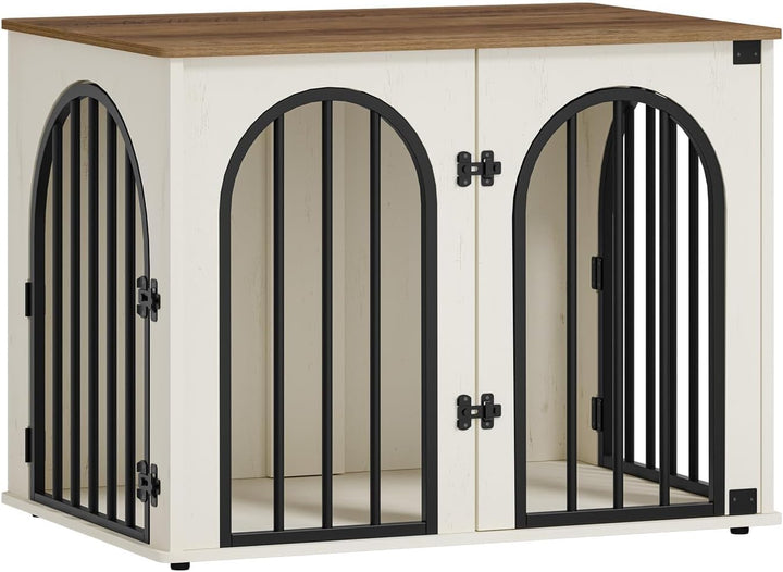 31.5'' Wooden Dog Crate Furniture, Indoor Dog Kennel Dogs Cage for Small/Medium Dogs, Heavy Duty Dog Crates Decorative Pet House End Side Table TV Stand, White Brown DFC85114B