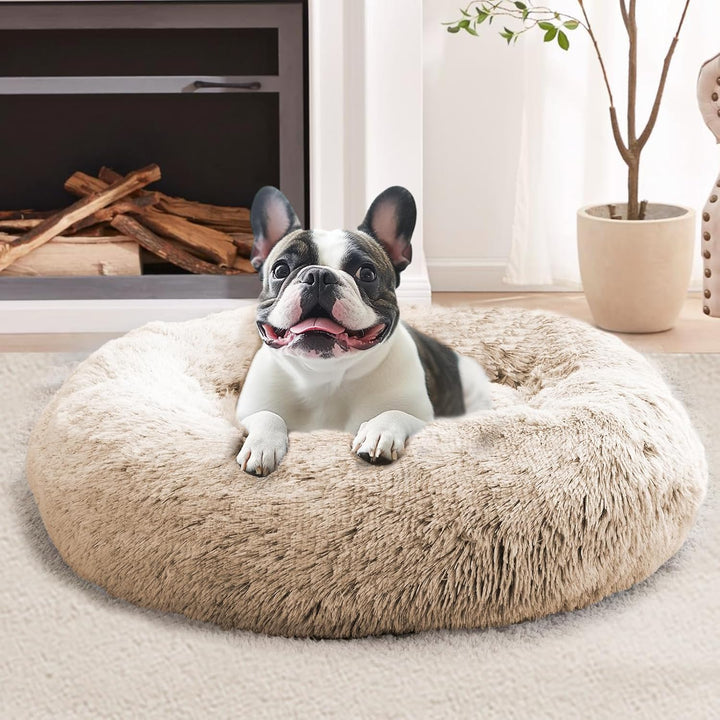 Small Dog & Cat Beds for Indoor Cats, Donut Cuddler Warming Soft Dog Beds with Anti-Slip Bottom, round Calming Fluffy Plush Faux Fur Cushion Bed for Small Medium Dogs (20", Smoke Grey)
