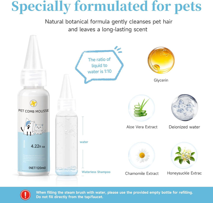 Pet Steam Brush for Dog & Cat – 3-In-1 Spray Hair Removal Comb – Steam for Shedding & Grooming – Water Brush for Long & Short Haired Pets – Spritz Defur Comb – Includes Waterless Shampoo