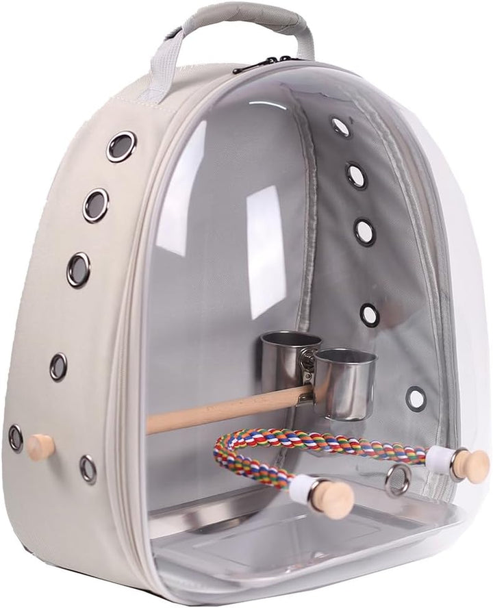 Bird Traval Carrier Cage, Clear Space Capsule Astronaut Backpack to Carry Parakeet Cockatiel Parrot with Metal Tray Wood Perch, Vet Transport School Bag