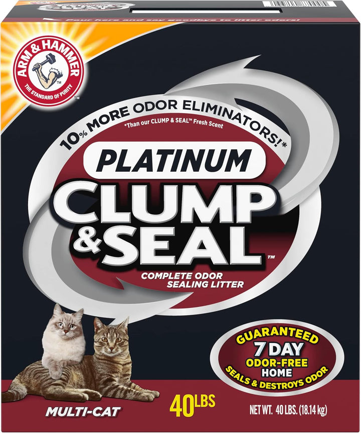 Clump & Seal Platinum Cat Litter, Multi-Cat, 14-Day Odor Control, Rock-Hard Clumps, 37 Lbs – Powerful Odor Eliminator with Baking Soda