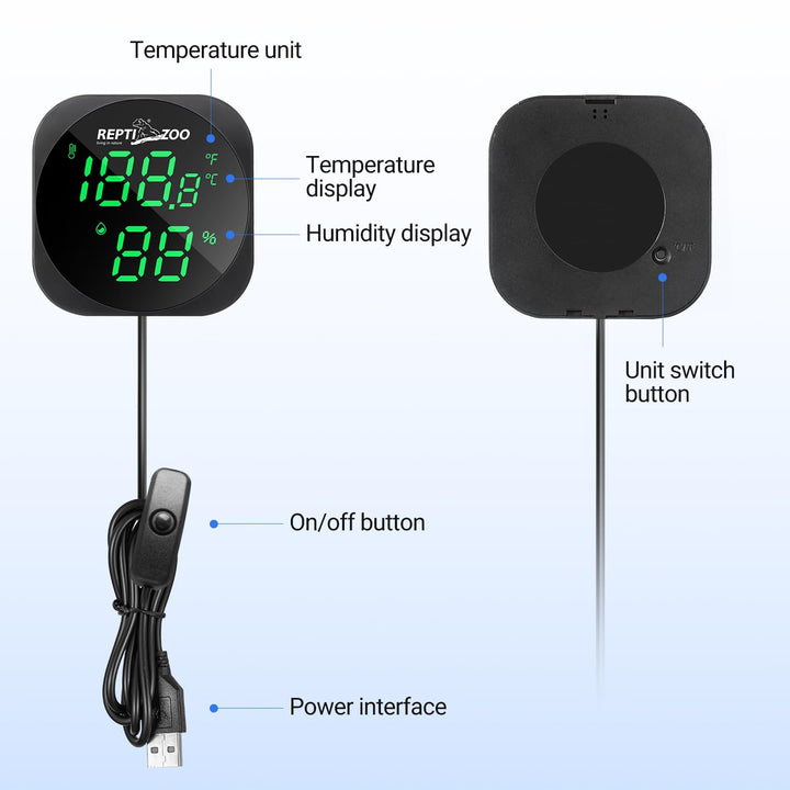 Thermometer Hygrometer, LED Digital Thermo Hygrometer for Reptile Terrarium Pet Rearing Box, Reptile Tank Thermometer with 55.2" Cable USB Power Supply