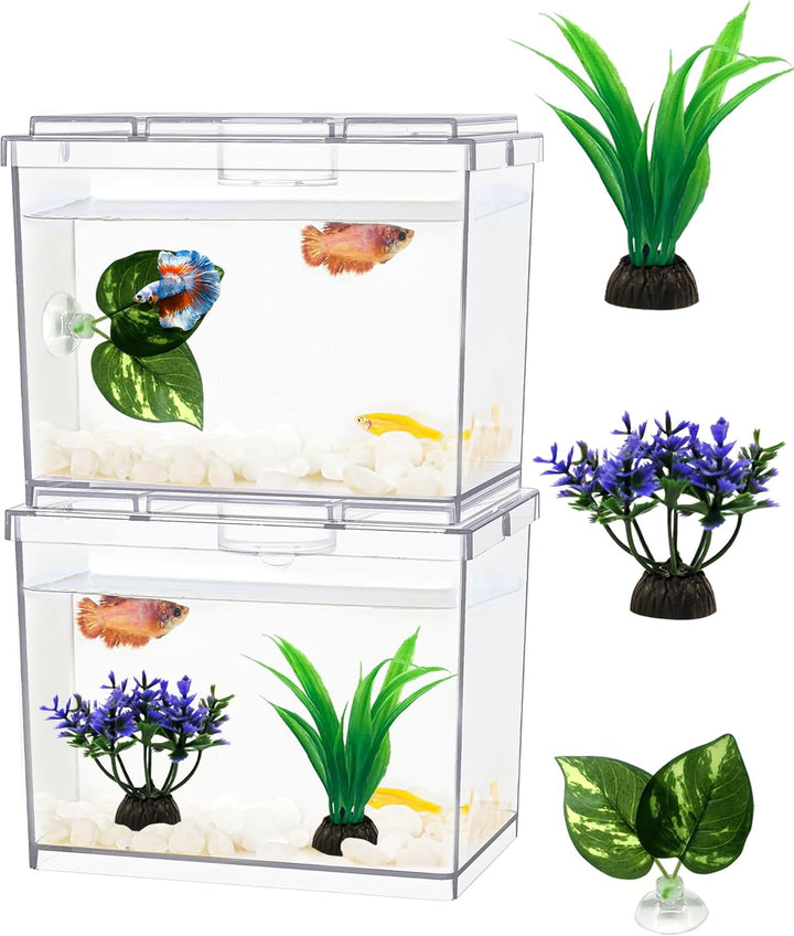 Mini Betta Fish Tank, Small Fish Bowl for Temporary Space, 0.2 Gallon Stackable Cube Tank with Betta Leaf and Gravels for Small Fish, Insect, Shrimp, Crab, Spider.(Pack-1)