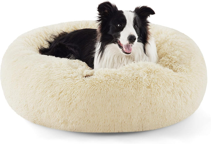 Calming Dog Bed Medium Size Dog - Donut Washable Medium Pet Bed, 30 Inches Anti-Slip round Fluffy Plush Faux Fur Cat Bed, Fits up to 45 Lbs Pets, Camel