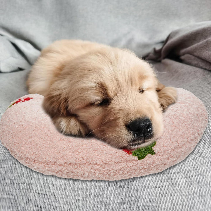 Cat Calming Pillow for Indoor Pets - Soft Fluffy Cat & Dog Bed - Anxiety Relief with Cute Embroidery Pattern (Pink, Strawberry)