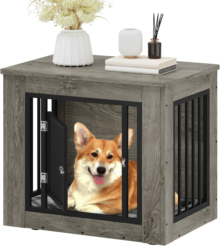 27.2" L Dog Crate Furniture for Medium Dogs, 2-In-1 Iron-Wood Fusion Dog Cage Indoor up to 30 Lb, Side End Table, Modern Dogs Kennel with Waterproof Top, Safety Corners,Steel Lock,Rustic