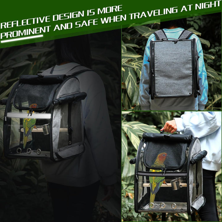 Bird Carrier Bag with Indestructible Stainless Steel Mesh, Bird Travel Cage with Stand, Easy to Clean Backpack for Parrot, Portable Bird Travel Bag, Pet Transparent Breathable Travel Cage