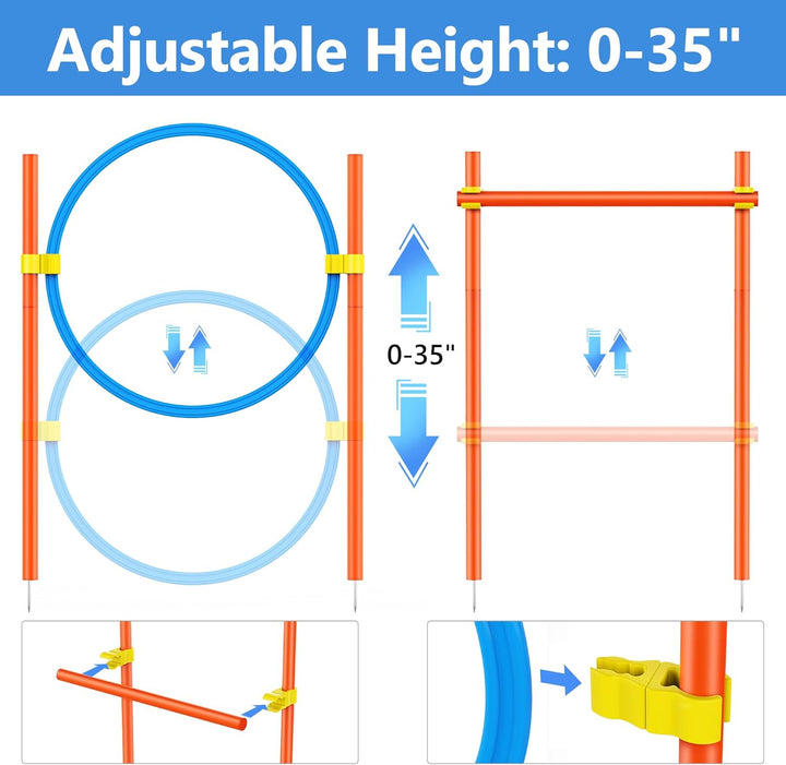 Dog Agility Course Backyard Set, Dog Obstacle Course Training Starter Kit Pet Outdoor Game with Tunnel, Agility Hurdle, Weave Poles, Jump Ring, Pause Box, Collapsible Dog Bowls and Storage Bag
