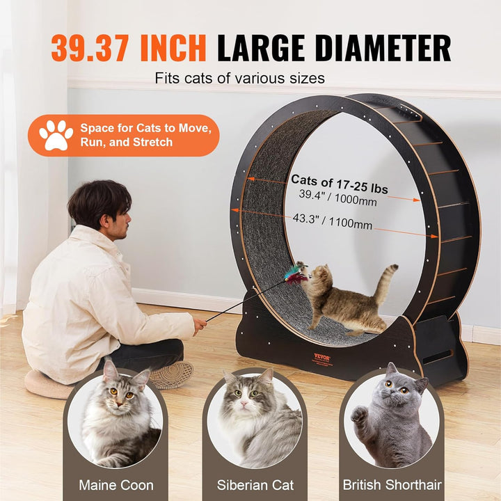 Cat Exercise Wheel, 43.3" Large Treadmill for Indoor Cats, Running Wheel with Detachable Carpet & Teaser for Running/Walking/Training, Suitable for Most Cats Black