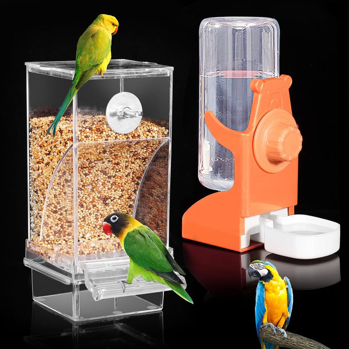 No Mess Bird Feeder Water Dispenser Set, Automatic Parrot Feeder Cage Accessories, Clear Parakeet Seed Container Food Drinker for Cage, Cockatiel Finch Lovebirds Budgies Canary (Blue)