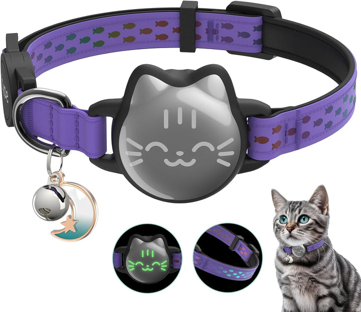 Waterproof Airtag Cat Collar, Breakaway Cat Airtag Collar with Luminous & Reflective Fish Pattern, Lightweight Kitten Collars for Apple Air Tag, Hidden GPS Tracker Holder for Cats, Kittens(9-13")