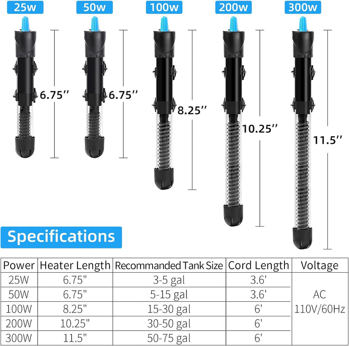 Aquarium Heater, 50W Fish Tank Heater, Adjustable Submersible Water Thermostat with Thermometer