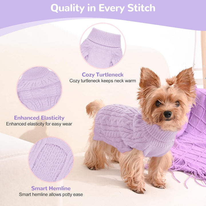 2 Pack Dog Sweaters for Small Dogs Winter Turtleneck Pullover Cable Knit Fleece Stretch Puppy Doggie Chihuahua Toy Poodle Yorkie Pomeranian Boy Girl Pet Clothes (S, Pink & Purple)