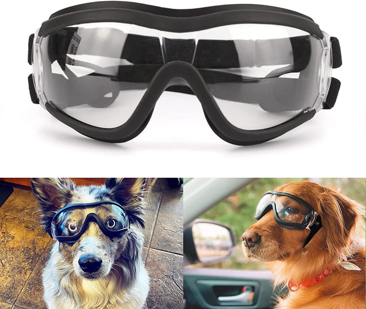 Dog Sunglasses Medium to Large Dog UV Transparent Goggles Windproof Anti-Dust Snowproof Pet Glasses with Elastic Straps, Clear