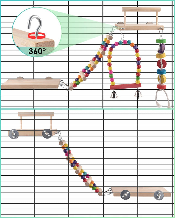 5In1 Bird Parakeet Toys, Detachable Birdie Perches Platform Swing with Climbing Ladder, Parrot Cage Stand Accessories, Wooden Playing Gyms for Conure Cockatiel Lovebird Finch Budgerigar Pigeon