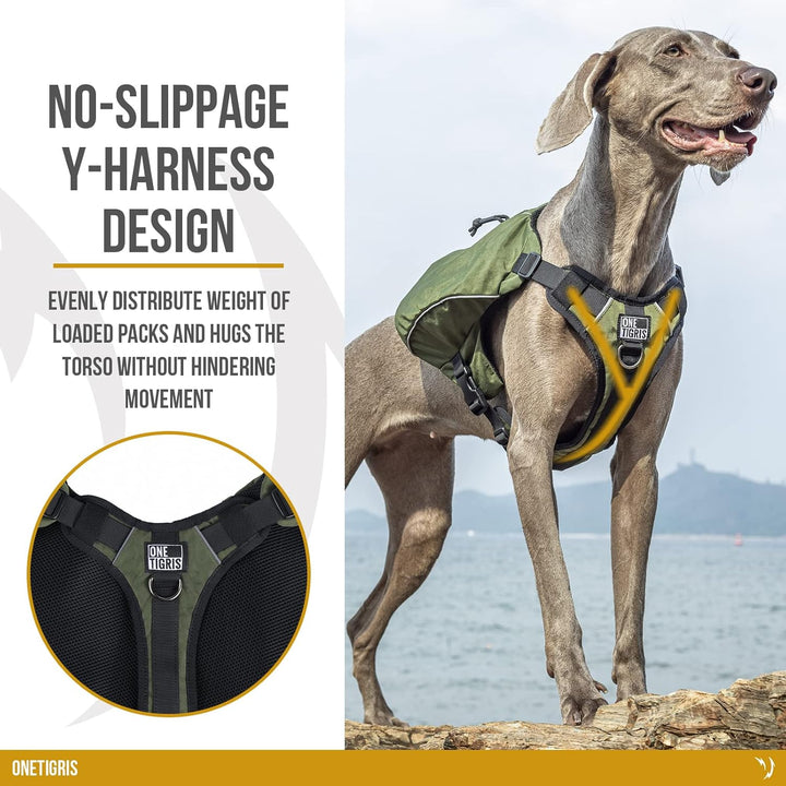 Y-Shaped Dog Backpack with Handle, Pockets & No Pull D-Rings, Lightweight Hiking Gear for Dogs Hunting Camping Travel (Medium, Green)